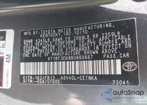 2011 Toyota Camry Le z USA, uszkodzony, nr VIN 4T1BF3EK8BU660667